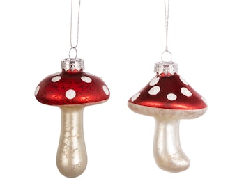Red and White Polka Dot Glass Mushroom Toadstool Christmas Tree Decorations - Winter Festive Rustic Natural Woodland Cosy Fairytale Magical