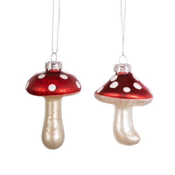 Red and White Polka Dot Glass Mushroom Toadstool Christmas Tree Decorations - Winter Festive Rustic Natural Woodland Cosy Fairytale Magical