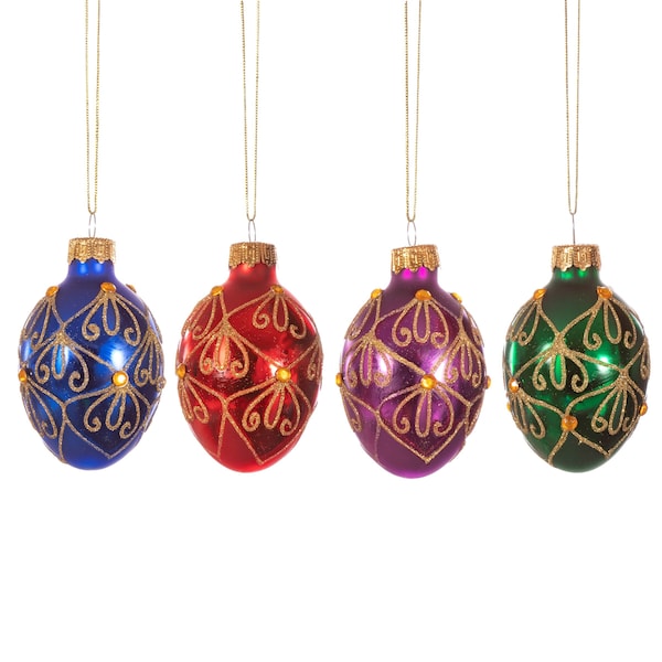 Egg Shaped Glass Christmas Tree Decorations (Set of 4) - Metallic Blue Green Red Purple Opulent Fabergé Classy Traditional Pattern Gift