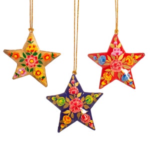 Star Shaped Kashmiri Floral Papier-mâché Christmas Tree Decorations - Festive Bauble Ornament Opulent Traditional Colourful Gift