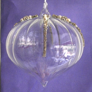 Clear Ridged Diamante Pearl Beaded Glass Hand Blown Hanging Christmas Tree Decoration - Round Drop Sultan Shape - Festive Winter Glitz Glam