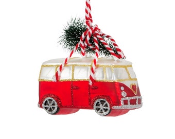 Red White Camper Van with Christmas Tree on Roof Hanging Bauble - Winter Wonderland Festive Season Fun Travel Surfer Transport Beach Gift