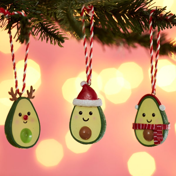 Festive Avocado Christmas Tree Decorations (Set of 3) - Festive Winter Food Foodie Chef Green Sparkle Glitter Healthy Eating Gift