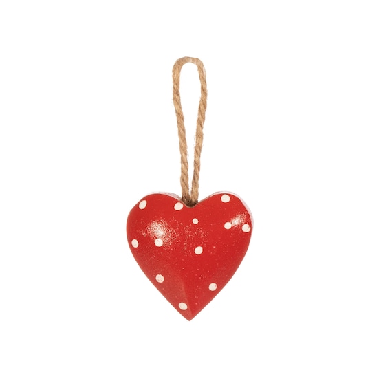 Mini Red Wooden Heart with White Polka Dots Christmas Tree Hanging Decoration - Winter Festive Rustic Nordic Hygge Scandi Natural Gift