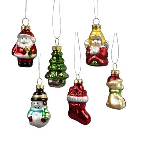 Set of 6 Fun Retro Mini Christmas Characters Hanging Christmas Tree Decorations - Festive Winter Wonderland Santa Gift Family Friends Kids