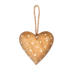 Wooden Heart with White Polka Dots Christmas Tree Hanging Decoration - Winter Festive Rustic Nordic Hygge Natural Gift Friends Family