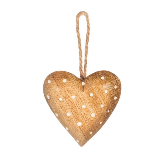 Wooden Heart with White Polka Dots Christmas Tree Hanging Decoration - Winter Festive Rustic Nordic Hygge Natural Gift Friends Family
