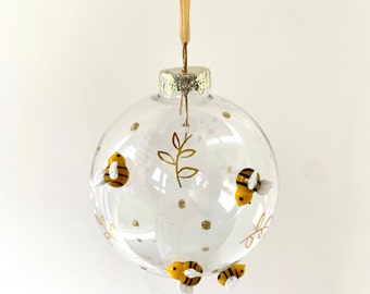 Boule de Noël en verre design 3D abeilles et fleurs - Hiver festif Eco Insectes Jardin floral Nature Animaux Miel Cadeau Famille Amis