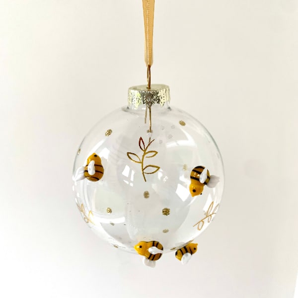 3D Bees and Flowers Design Glass Christmas Tree Bauble  - Festive Winter Eco Insects Floral Garden Nature Animals Honey Gift Family Friends