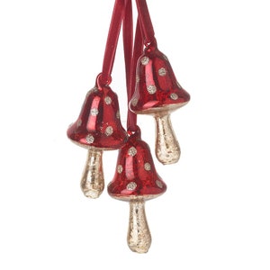 Red & Silver Polkadot Toadstools Glass Hanging Christmas Tree Decorations - Ornament Winter Festive Nature Woodland Gift Friends Family