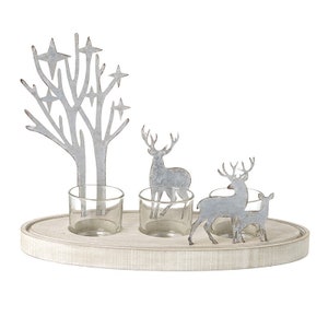 Grand porte-bougie chauffe-plat en bois et métal, scène de forêt, décoration de table de Noël - Hiver festif, renne, cerf, nature rustique des bois