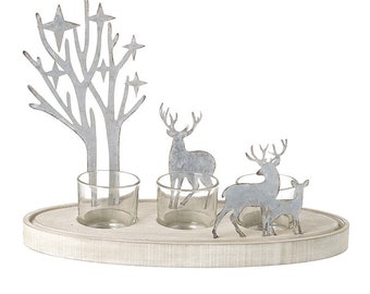 Large Wooden & Metal Stag Forest Scene Tea-light Candle Holder Christmas Table Decor - Winter Festive Reindeer Deer Rustic Nature Woodland