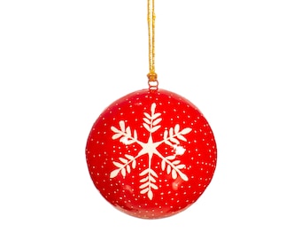 Red Snowflake Papier-mâché Christmas Tree Bauble Decoration - Festive Ornament Traditional Colourful Pretty Nordic Rustic Cosy Winter Gift