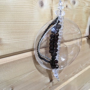 Flattened Glass Bauble with Black, Clear & Silver Beads - Hanging Decoration Christmas Tree Ornament Gift Holiday Anniversary Wedding Winter