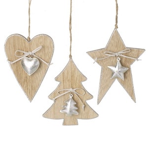 Set of 3 Wooden Heart Star & Tree Metallic Silver Christmas Tree Decorations - Festive Winter Wonderland Fun Nordic Natural Gift Family