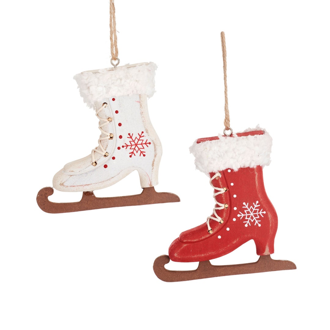 Wooden Ice Skates Hanging Christmas Tree Decorations red or White Snow ...