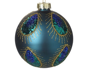 Stunning Turquoise & Gold Peacock Feather Patterned Glass Christmas Tree Bauble - Festive Winter Decoration Classy Glam Gift Family Friends