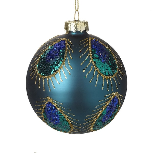 Stunning Turquoise & Gold Peacock Feather Patterned Glass Christmas Tree Bauble - Festive Winter Decoration Classy Glam Gift Family Friends