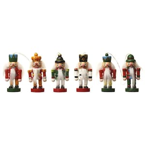 Set of 6 Wooden Mini Nutcracker Soldier Hanging Christmas Tree Decorations - Festive Winter Ornament Gift Family Friends Military Ballet