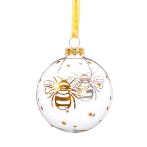 Golden Bees and Polka Dots Glass Christmas Tree Bauble  - Festive Winter Eco Insects Garden Nature Animals Honey Gift Family Friends