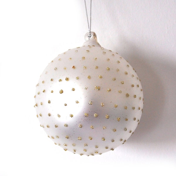 White Silver Bauble with Gold Glitter Spots Hand Blown Glass Christmas Tree Decoration - Holiday Ornaments Festive Winter Gift Family