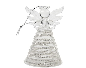 May include: A clear glass angel ornament with silver glitter accents. The angel has wings, a halo, and a long flowing gown.