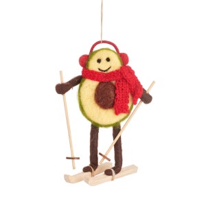 Skiing Avocado Felt Hanging Christmas Decoration - Fun Winter Food Chef Salad Green Secret Santa Party Quirky Cheeky Children&#39;s Gift Family