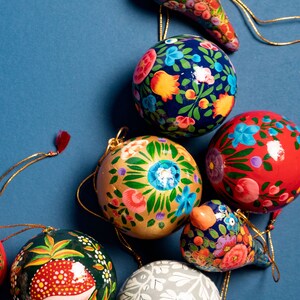 Paper Mache Multi Color Set of 3 Hand Made Kashmiri Floral Embroidery 3 inch Tall Wooden Bells main image 0