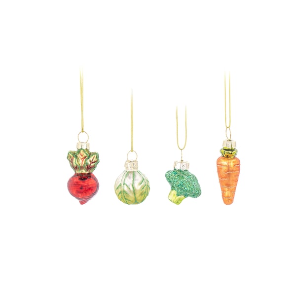 Mini Vegetable Glass Christmas Tree Hanging Decorations - Festive Winter Food Foodie Chef Radish Brussels Sprout Broccoli Carrot Turnip
