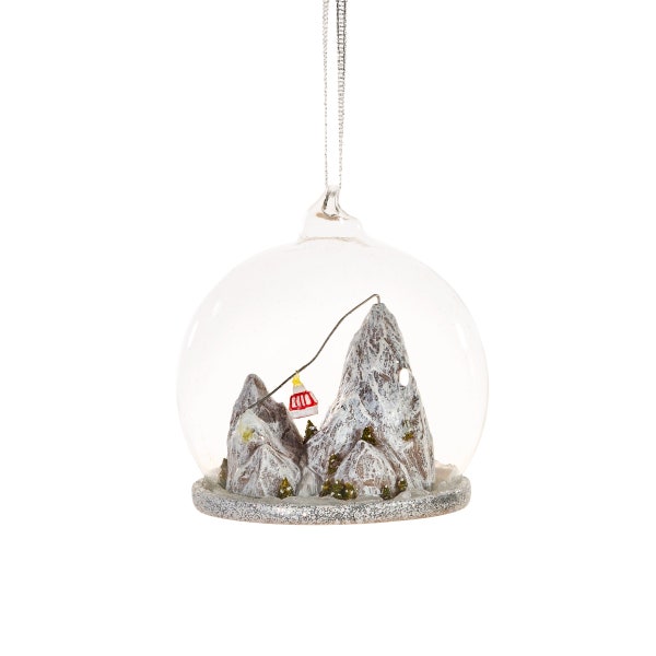 Magical Ski Mountain Snow Dome Glass Christmas Tree Hanging Bauble - Winter Wonderland Festive Skiing Snowboarding Holiday Sport Gift