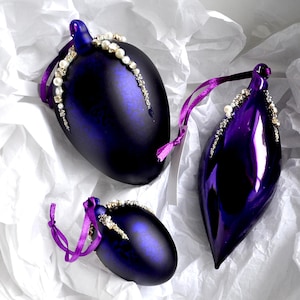 Aubergine Purple Hand Blown Glass Decorations with Diamante Beads Christmas Tree Holiday Matt & Shiny Tree Ornaments - Festive Gift