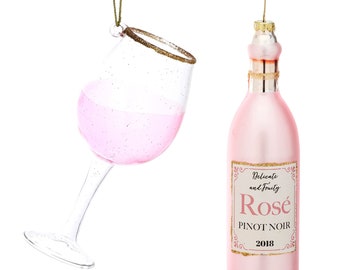 Rosé Wine & Glass Hanging Christmas Tree Decoration Set - Winter Festive Fun Office Secret Santa Booze Drink Pink Adult Unique Gift