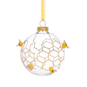3D Bees and Honeycomb Design Glass Christmas Tree Bauble  - Festive Winter Eco Insects Garden Nature Animals Honey Gift Family Friends