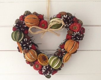 Festive Dried Fruit Christmas Willow Heart Wreath Whole Green Limes Orange Slices Red Peppers with Scented Christmas Fragrance Advent Circle