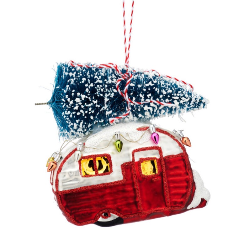 Retro Red White Caravan Carrying Christmas Tree Hanging Bauble Winter Wonderland Festive Fun Caravanning Camping Outdoors Quirky Vintage image 2