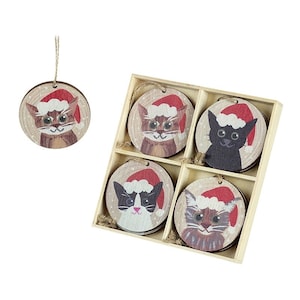 May include: Set of six wooden Christmas ornaments featuring cats wearing Santa hats. The ornaments are round and have a rustic wood grain finish. Each ornament features a different cat with a unique expression.