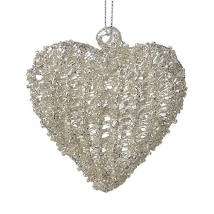 Silver Glass Heart Hanging Decoration - Christmas Tree Valentine&#39;s Day Shiny Shimmer Glam Glitz Ornament Gift Holiday Anniversary Wedding