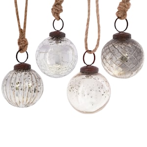 Silver Crackle Glass Christmas Tree Baubles (Set of 4) - Festive Winter Decoration Classy Traditional Tasteful Xmas Santa Classic Shiny Gift