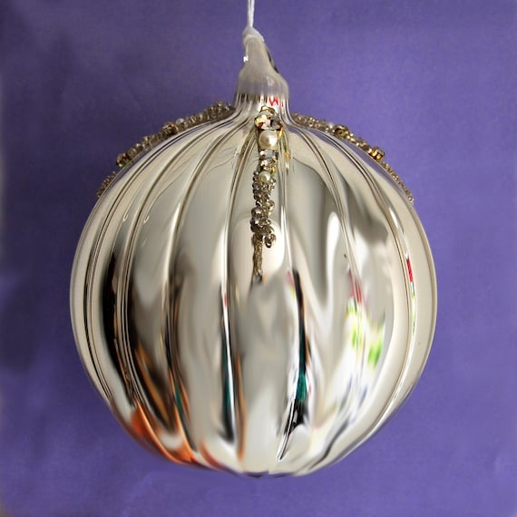 Shiny Silver Ridged Glass Bauble Hanging Christmas Tree Decoration with Bead Detail - Ornament Valentine's Day Wedding Decor Gift Glitz Glam