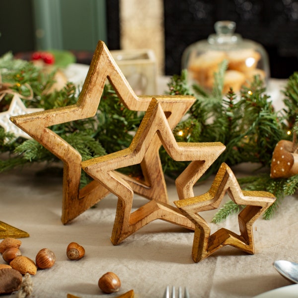 Wooden Star with Golden Edge Standing Christmas Decoration (Small, Med or Large) - Festive Winter Nature Woodland Ornament Nordic Cosy