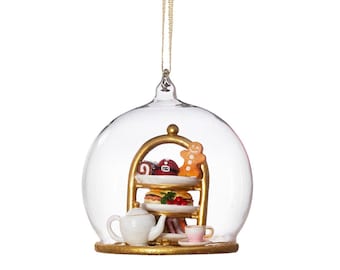 Christmas Tea Glass Dome Christmas Tree Hanging Bauble - Festive Afternoon Tea Gingerbread Person Teapot Cake Xmas Pudding Harrods Gift