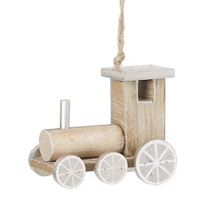 Wooden & Silver Train Christmas Tree Decoration - Winter Festive Gift Unisex Boys Husband Brother Steam Train Railway Nordic Natural