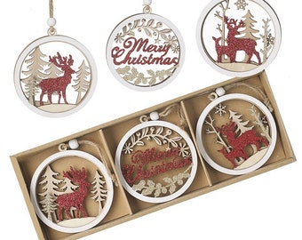 Set of 6 Red & White Wooden Christmas Tree Decorations Featuring Stags, Trees and 'Merry Christmas' - Decor Rustic Reindeer Glitter Sparkle