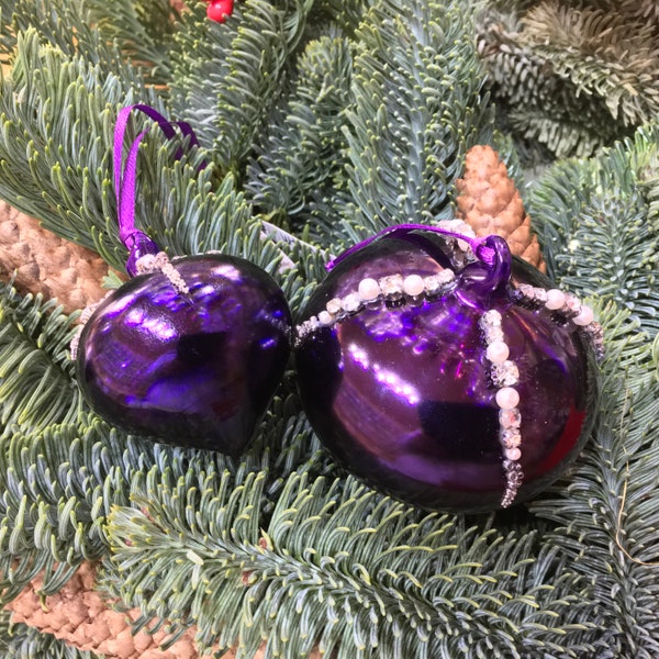 Shiny Aubergine Purple Hand Blown Glass Hanging Christmas Decorations with Diamante Beads - Winter Holiday Tree Ornaments - Festive Gift