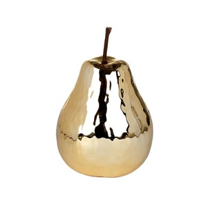 Golden Ceramic Pear Christmas Decoration - Festive Ornament Shiny Classy Glitz Glam Garden Food Fruit Allotment Gardner Gift
