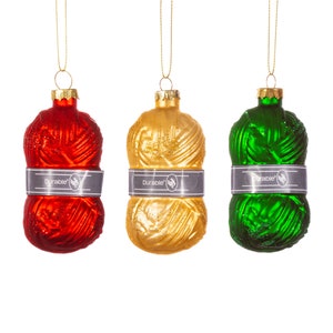 Knitting Wool Glass Christmas Tree Decorations (Set of 3) - Festive Winter Yarn Sewing Crafts Art Creative Needle Pattern Red Gold Green