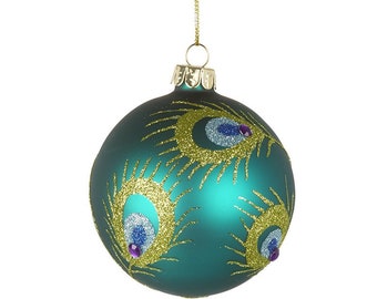 Stunning Teal & Gold Peacock Feather Patterned Glass Christmas Tree Bauble - Festive Winter Decoration Classy Glitz Glam Gift Family Friends