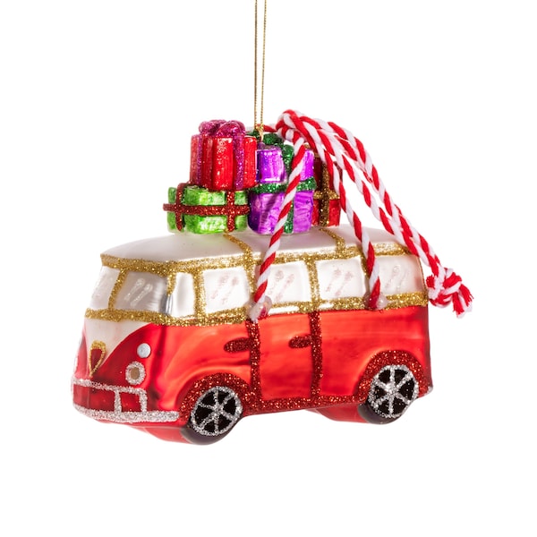 Red White Gold Campervan with Christmas Gifts on Roof Hanging Bauble - Winter Festive Season Fun Travel Surfer Transport Beach