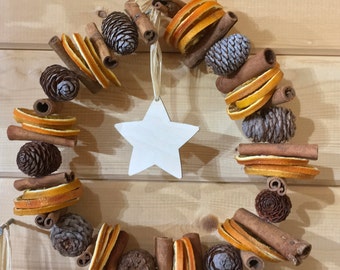 Cones, Orange Slices, Cinnamon Sticks Dried Fruit White Wooden Star Festive Wreath with Scented Christmas Fragrance