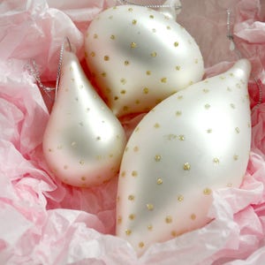 White Silver Hand Blown Glass Decorations with Gold Glitter Spots - Christmas Tree Holiday Ornaments - Festive Winter Gift Family